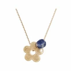 Oliver Bonas Gold Nerida Flower And Blue Stone Pendant Necklace