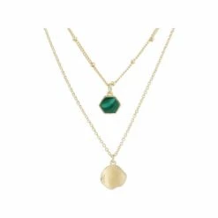 Oliver Bonas Maceo Hexagon Stone & Drop Double Row Gold Plate Brass Necklace
