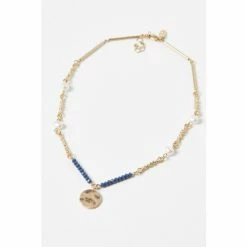 Oliver Bonas Blue Romina Beads And Pearls With Textured Disc Pendant Necklace