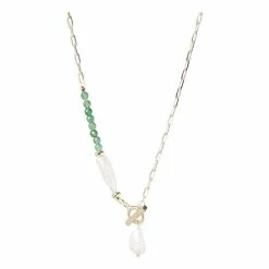 Oliver Bonas Green Dara Gold Plated Aventurine Detail Chain And Pearl Drop Necklace