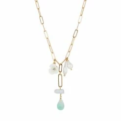 Oliver Bonas Natural Brea Flower Pearl And Stone Drop Necklace