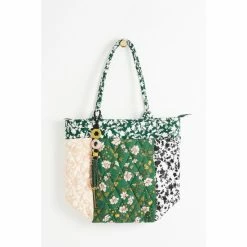 Oliver Bonas Green Floral Patchwork Cotton Quilted Tote Bag
