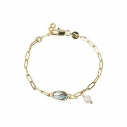 Oliver Bonas Grey Blythe Charm Paua Shell & Pearl Drop Gold Plated Chain Bracelet