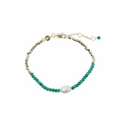 Oliver Bonas Green Geila Beaded Jade And Pearl Gold Plated Chain Bracelet