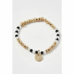 Oliver Bonas Natural Luella Monochrome Beads With Textured Disc Charm Bracelet