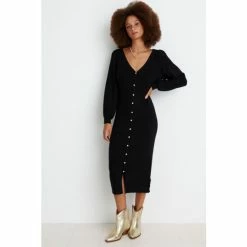 Oliver Bonas Button Through Knitted Black Midi Dress