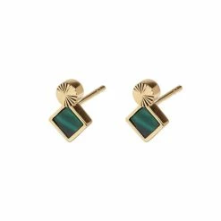 Oliver Bonas Green Corliss Square Stone And Engraved Disc Stud Malachite, Gold Plated Brass Earrings -Default Template 2 unnamed file 32