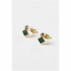 Oliver Bonas Green Corliss Square Stone And Engraved Disc Stud Malachite, Gold Plated Brass Earrings -Default Template 2 unnamed file 33