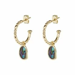 Oliver Bonas Grey Blythe Pebble Charm Paua Shell Gold Plated Hoop Earrings