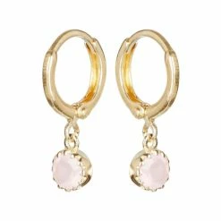 Oliver Bonas Pink Alula Round Quartz Drop Gold Plated Huggie Earrings