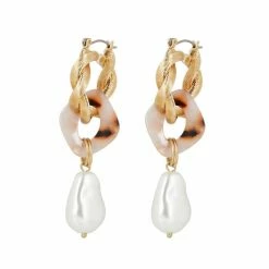 Oliver Bonas Natural Kali Golden And Tort Interlinked Chains And Faux Pearl Drop Hoop Earrings