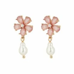 Oliver Bonas Natural Ariana Flower And Pearl Drop Stud Earrings