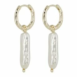Oliver Bonas Adria White Long Pearl Gold Plated Hoop Earrings