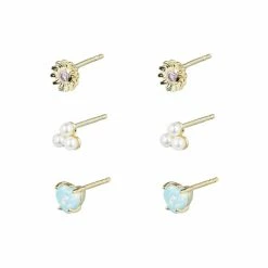 Oliver Bonas Blue Ula Flower Pearl And Heart Gold Plated Stud Earrings Pack Of Three