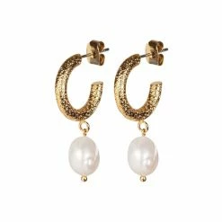 Oliver Bonas Gold Tone Thea Faux Pearl Drop Textured Hoop Earrings