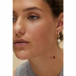Oliver Bonas Gold Tone Thea Faux Pearl Drop Textured Hoop Earrings -Default Template 2 unnamed file 756