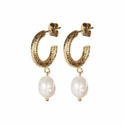 Oliver Bonas Gold Tone Thea Faux Pearl Drop Textured Hoop Earrings -Default Template 2 unnamed file 757