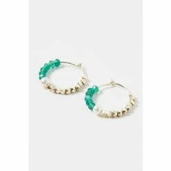 Oliver Bonas Green Geila Beaded Wire Pearl Gold Plated Hoop Earrings