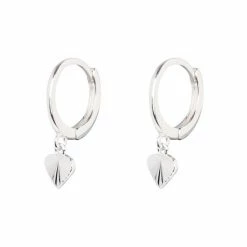 Oliver Bonas Silver Tone Grazia Machine Engraved Heart Charm Drop Hoop Earrings