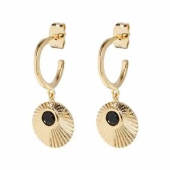 Oliver Bonas Kymani Engraved Black Disc And Stone Inlay Gold Plated Drop Earrings