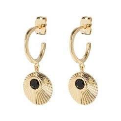 Oliver Bonas Kymani Engraved Black Disc And Stone Inlay Gold Plated Drop Earrings -Default Template 2 unnamed file 971